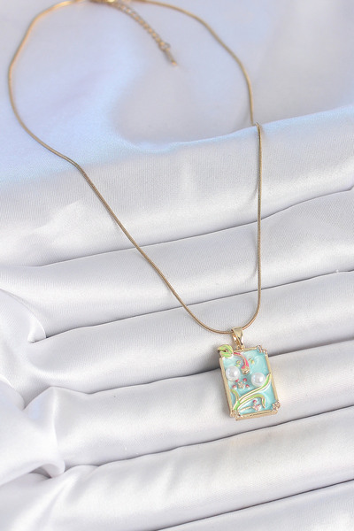 Skygo 316L Steel Gold Color Chain Blue Enamel Pearl Flower Embroidered Portrait Model Women's Necklace - Tj-Bko10191