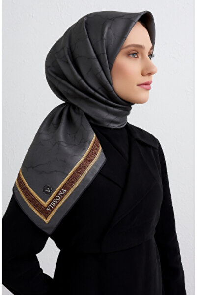 Vissona Tivil Silk Scarf 60307 - 9 - 0028 Dark Gray Ethnic Pattern