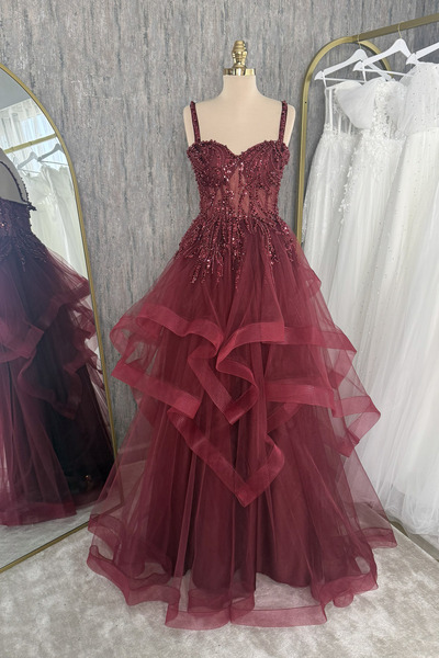 Lenta Moda Bordo Dantel Kaplama Gren Etekli Maxi Boy Abiye ve Gece Elbisesi