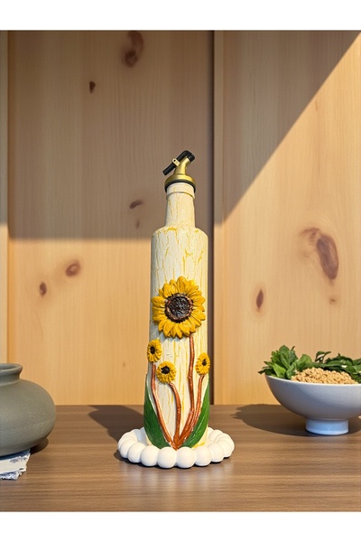 Mes Reves 500 ml Handmade Sunflower Patterned Glass Oil Pot – Cracked Texture, Embossed Clay Applied