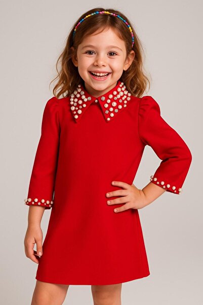 Hilal Akıncı Kids Fakir Girl's Dress with Stone Decor on the Collar and Sleeves