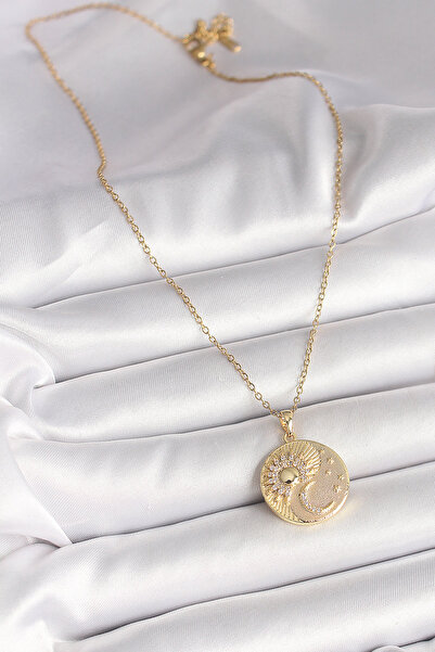 Skygo 316L Steel Gold Color Chain Zircon Stone Moon Sun Engraved Medallion Model Women's Necklace - Tj-Bko9958