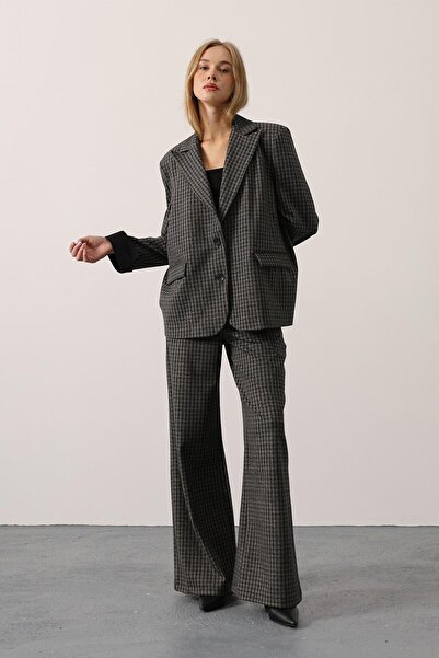 SHILSEE BEUTİQUE Women's Checked Blazer with Sleeve Detail Oversize Suit Gray