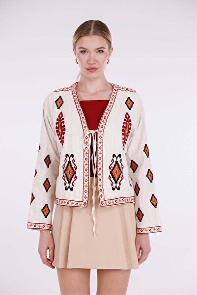 Pulli Collection Etnik Desenli Keten Görünümlü Gömlek