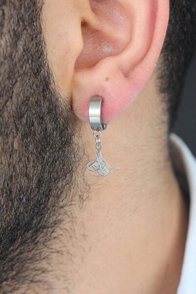 Skygo Silver Color Plated Ottoman Tughra Figured Pinched Steel Men's Earrings - Tj-Ekp117