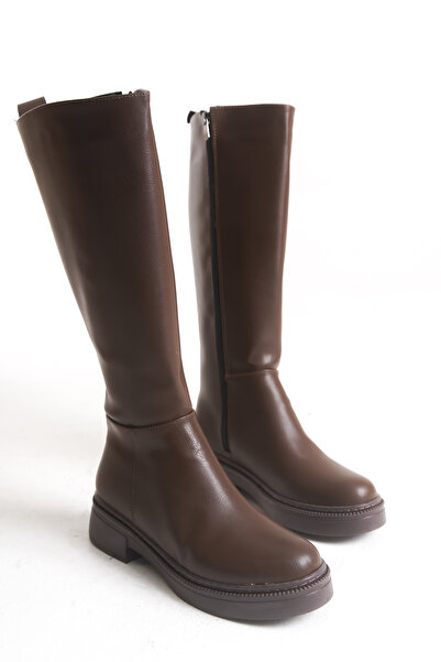 leopar by çetinay Γυναικείες καφέ μπότες με ίσιο τακούνι κάτω από το γόνατο |...