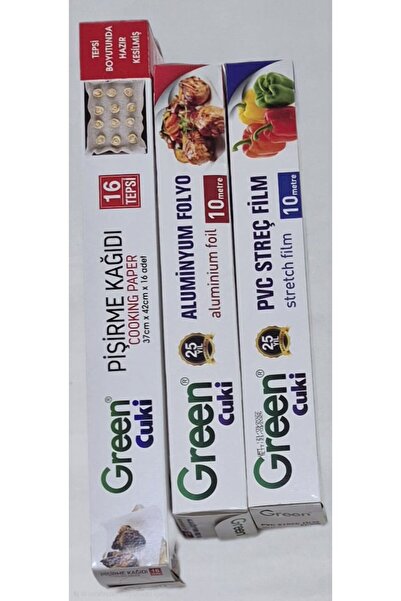 Green 16'lı Pişirme kağıdı + 10 mt streç film + 10 mt aluminyum folyo set