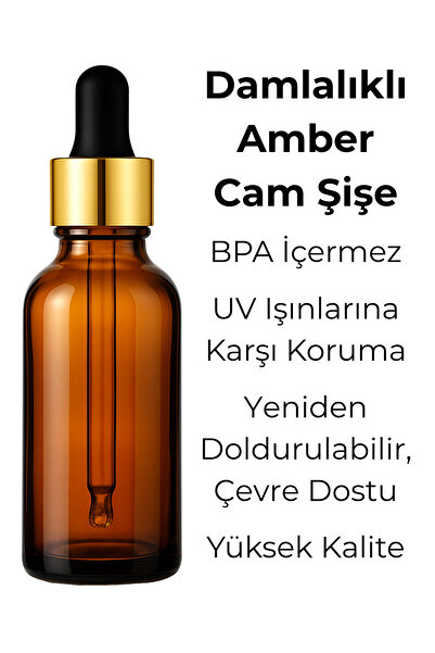 Seray Cam 6’lı 50 ml Amber Cam Serum Şişesi + Gold (Altın) Metal Kapaklı Siyah Uçlu Damlalık