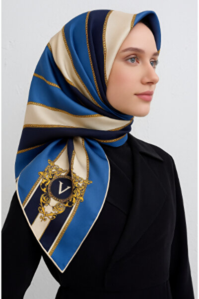 Vissona Μεταξωτό μαντήλι Tivil 16287 - 0031 - 0001 Μαύρο μοτίβο με γραμμή ινδικής μπλε