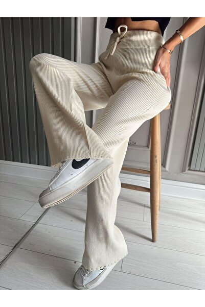 Piedra Cream Women's Spanish Pipe Leg Threaded Knitwear Trousers