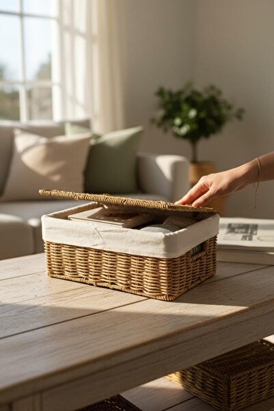 ANJEAHOME Varese Rattan Decorative Chest Basket |   Rectangular Organizer with Lid |   33X24X15 cm |   Regulator