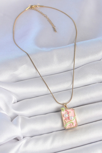 Skygo 316L Steel Gold Color Chain Pink Enamel Pearl Flower Embroidered Portrait Model Women's Necklace - Tj-Bko10193