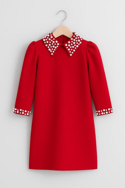 Hilal Akıncı Kids Fakir Girl's Dress with Stone Decor on the Collar and Sleeves