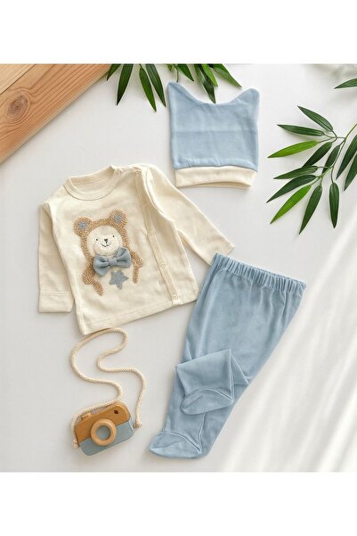mini mia 100% Cotton Süzene Teddy Bear 3-Piece Baby Set – Long Sleeve Top, Booties Bottoms, and Hat