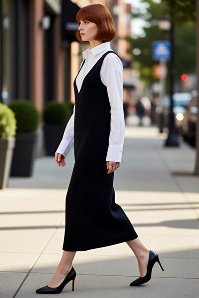 PayBuy فستان نسائي رمادي من الجيليه التريكو بطول متوسط وياقة على شكل حرف V بد...