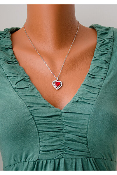 BİJUTERİ EVİ Silver Color Steel Chain Red Heart Stone Women's Necklace