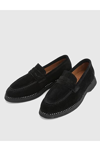 İLVİ Buckle Genuine Suede Leather Black Women's Loafer Shoes