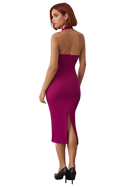 PayBuy Women's Bodycon Midi Dress with Thick Straps Square Neckline Stone Detail Stylish Evening Cocktail