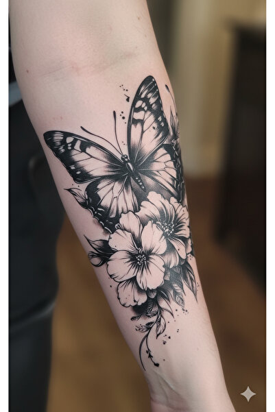 Glapzen Kelebek ve Çiçek Taslağı Geçici Dövme – Zarif, Doğal ve Suya Dayanıklı Tasarım