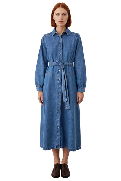 PayBuy Blue a Line Shirt Collar Belt Detail 100% Cotton Maxi Denim Dress for Women Spring Autumn