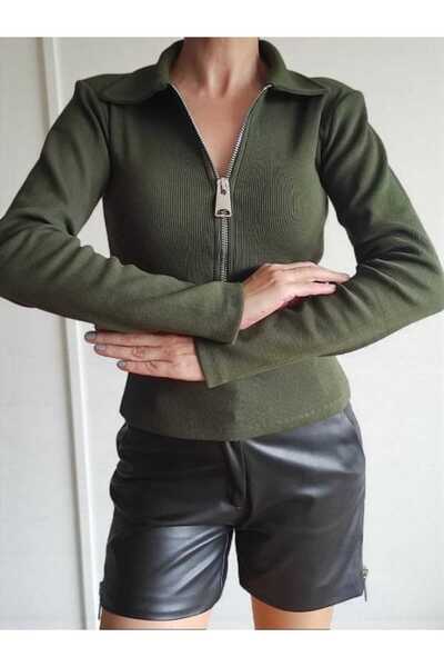 Bebeplus Polo Collar Shoulder Pad Pack Corded Fabric Zipper Detail Ribbed Knit Blouse