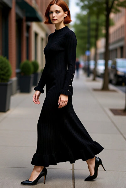 PayBuy فستان نسائي طويل من التريكو مضلع باللون البيج مع كشكشة وتصميم رقبة الدراجة بأكمام منخفضة وجودة عالية