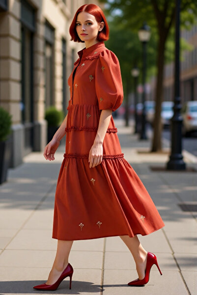 PayBuy فستان نسائي مطرز بتفاصيل دقيقة وياقة على شكل حرف V وأكمام بالون بطول م...