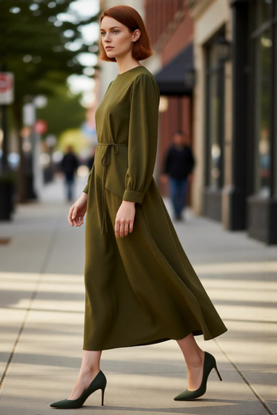 PayBuy Γυναικείο φόρεμα με μακρύ μανίκι με λαιμόκοψη με ίσιο σχέδιο με ζώνη, ...