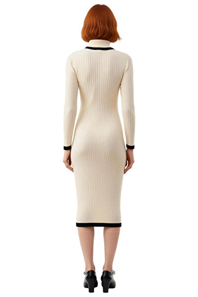 PayBuy Kadın Siyah Renk Bloklu Balıkçı Yaka Midi Triko Elbise Şık Ve Konforlu Kışlık Günlük Giyim