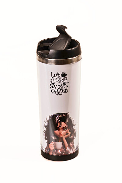 MUKKO HOME 360 ml Steel Thermos Mug – Coffee Lady Design, Steel Inner Chamber, Hot & Cold Beverage Cup