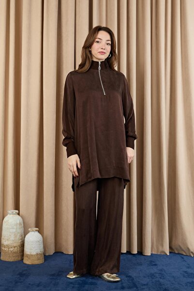 Puane Women's Zipper Detailed Suit - 14403Tkm - Brown