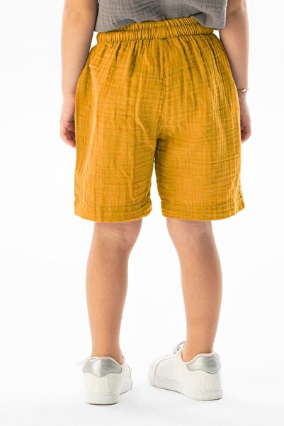 Eliş Şile Bezi Western Pocket Detailed Summer Muslin Girls' Shorts Mustard Hrd