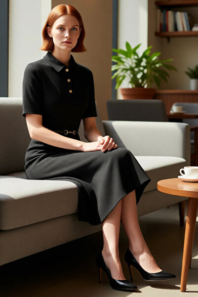 PayBuy Kadın A Line Kesim Kısa Kollu Polo Yaka Kemerli Midi Elbise Yarım Pat Düğmeli İnterlok Dokuma