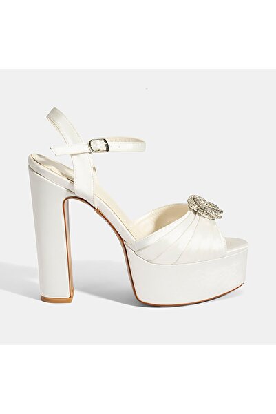 Desa Women's White Adjustable Buckle Stone Heeled Bridal Shoes