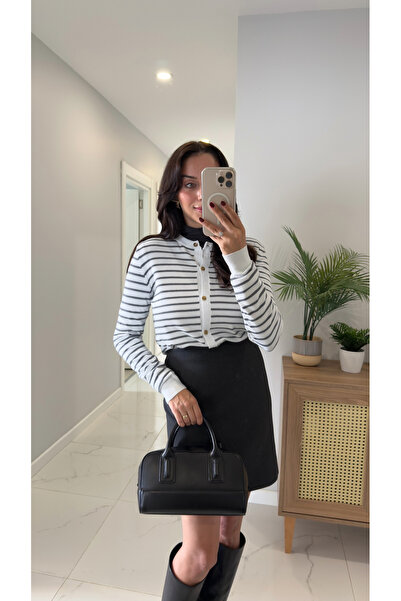 BİRCANÇİL Md Wies White Gray Striped Cardigan