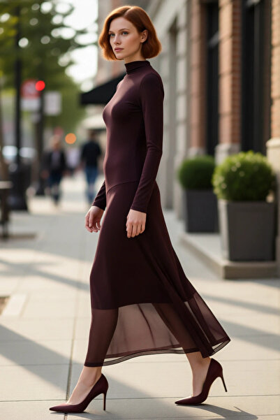 PayBuy A K croială D guler ridicat Rochie midi cu mâneci lungi pentru femei, ...