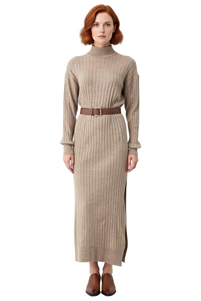 PayBuy Kadın Şık Düz Shift Kalıp Düşük Kol Dik Yaka Kemerli Maxi Yırtmaç Detaylı Kışlık Triko Elbise