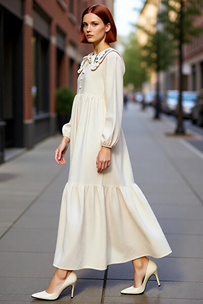 PayBuy Kadın Nakış Detaylı Keten Görünümlü Dokuma Maxi Elbise Bebe Yaka Balon Kol Shift Kalıp Rahat Şıklık