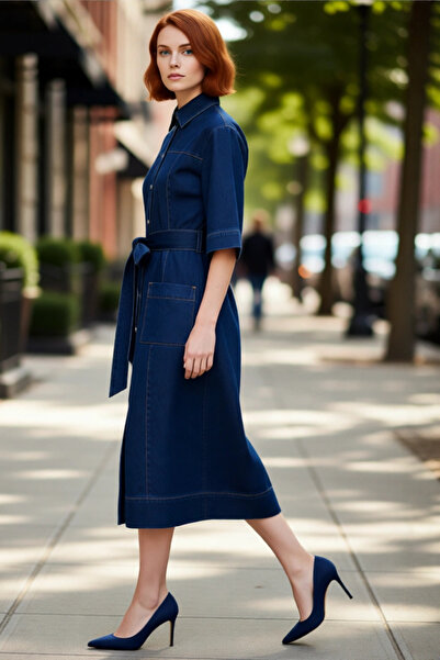 PayBuy 100% Cotton Blue Denim Maxi Dress with Belt for Women Shirt Collar Short Sleeve Stylish and Comfortable