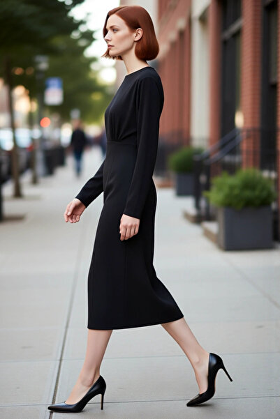 PayBuy Women's Black Plain Patterned Shoulder Pad Piece Bat Sleeve Midi Knitted Dress Stylish and Modern Ideal for Winter Combinations