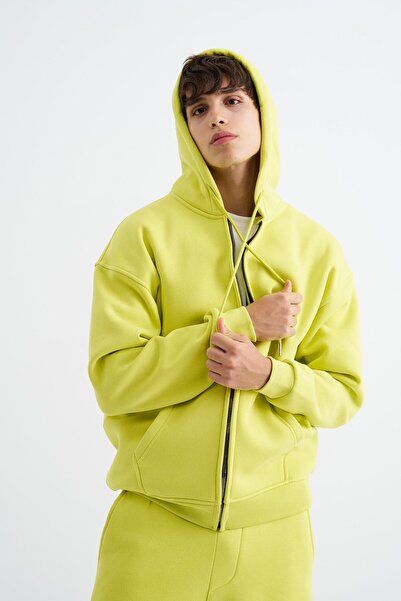 Machinist Oversize Fermuarlı Cepli Kapüşonlu Basic Sweatshirt NEON YELLOW