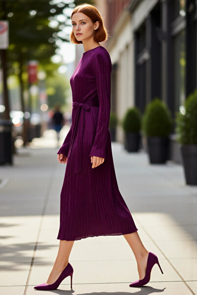 PayBuy Γυναικείο μωβ πλεκτό φόρεμα με ζώνη με λαιμόκοψη με μακρύ μανίκι, κομψ...