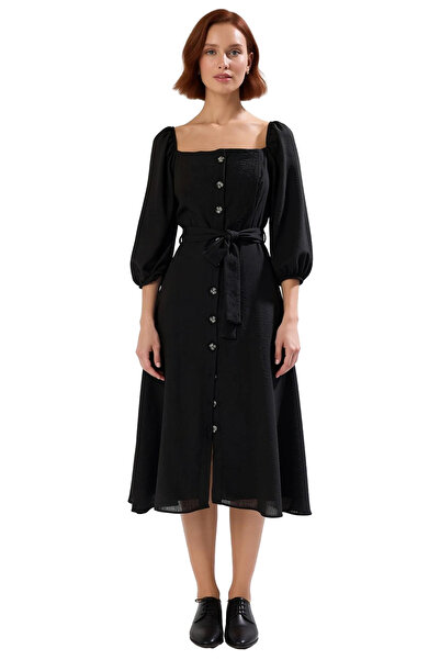 PayBuy Women's Shirt Dress Midi Length Three Quarter Balloon Sleeve Square Neck Belted Woven Elegance with Comfort