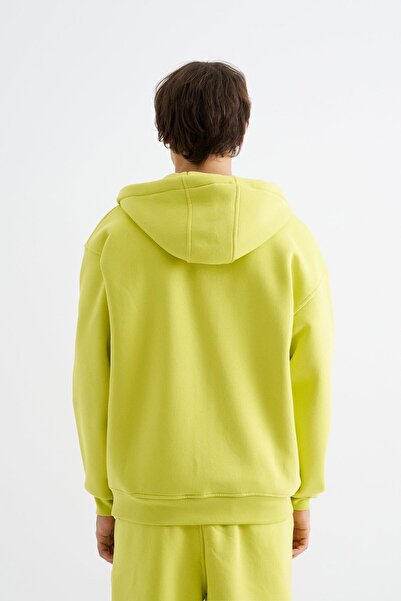 Machinist Oversize Fermuarlı Cepli Kapüşonlu Basic Sweatshirt NEON YELLOW
