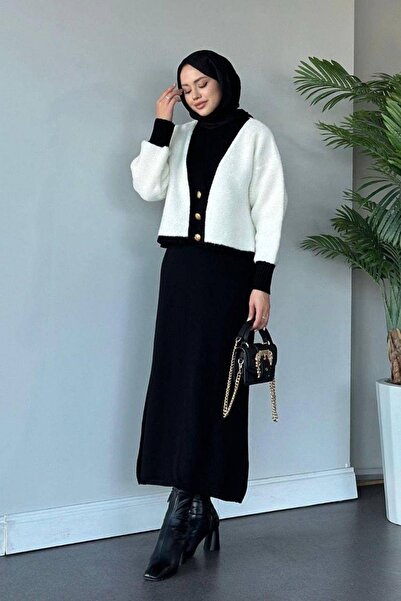 Bahar Altundemir Kadın Tesettür Triko Elbise Kazak Beyaz Takım