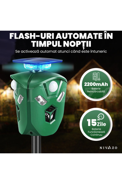 nivazo Aparat anti porumbei, AR16, 3 laturi, 3 moduri functionare, acoperire 360, incarcare solara