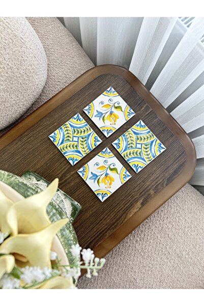 Kütahya Hedef Çini Yeşil Sarı Yaprak Desen 4’lü Seramik Bardak Altlığı