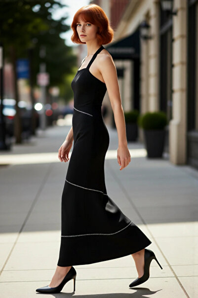 PayBuy Women's Bodycon Midi Dress with Thick Straps Square Neckline Stone Detail Stylish Evening Cocktail