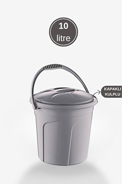 Flora 2’li Temizlik Kova Seti, Kapaklı Kulplu Plastik Su Kovası 10 litre + Maşrapa 1,5 litre 2’li Set Gri