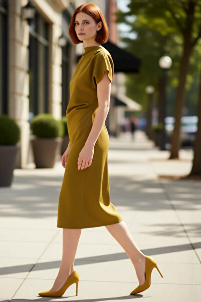 PayBuy فستان نسائي بقصة A بأكمام قصيرة وطول متوسط، بنمط سادة وياقة دوجيه، مع ...